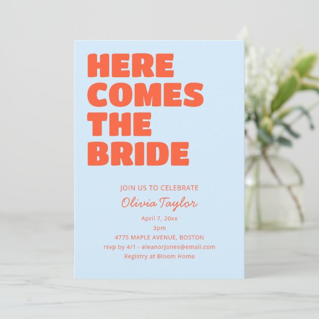 Invitation Baby Shower Mariage Typographie Gras Bleu Clair Or (Debout devant)
