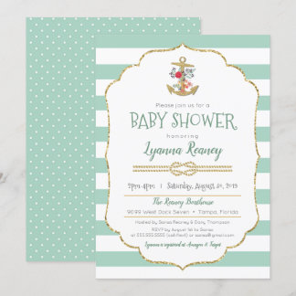 Invitation Baby shower marin Ancre florale Mint Green
