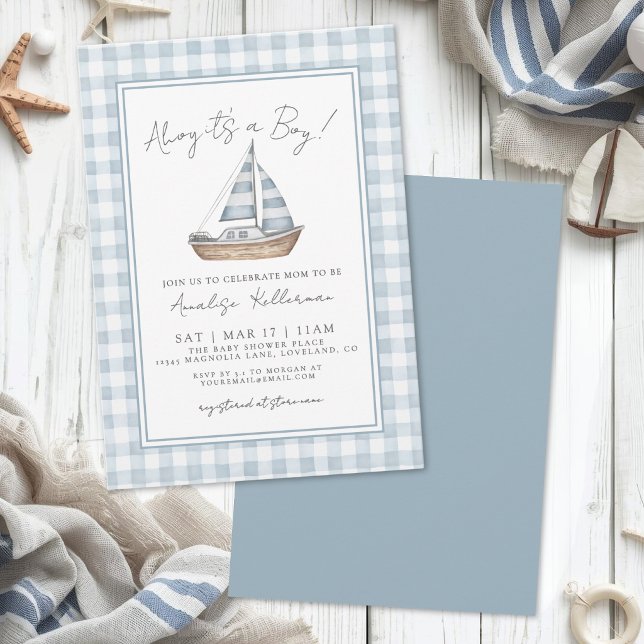 Invitation Baby Shower Marin au Gingham Bleu (Blue Gingham Nautical Baby Shower Invitation)
