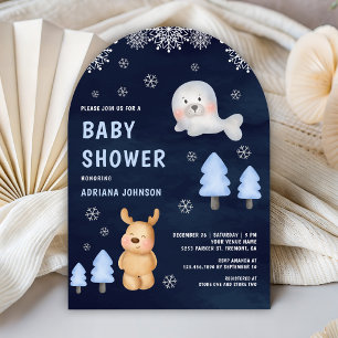 Invitation Baby-Shower Marin Bleu Animaux Arctiques Hiver