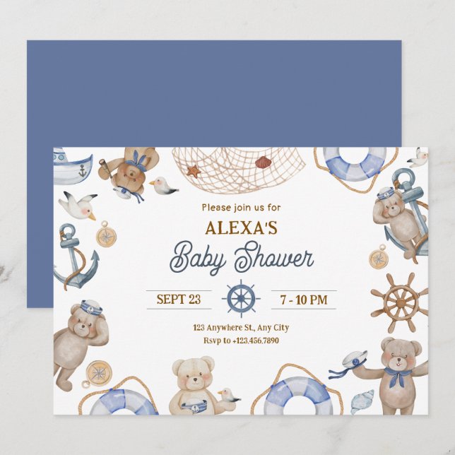 Invitation Baby shower marin Blue Cute (Devant / Derrière)
