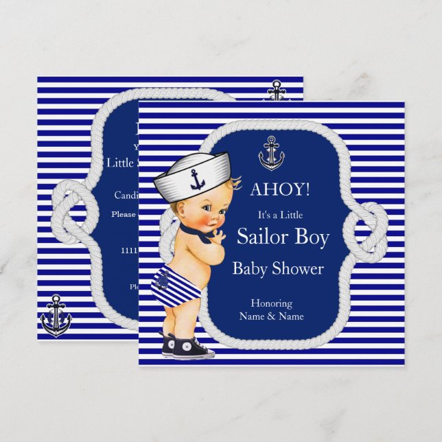Invitation Baby Shower Marin Garçon Bleu Rayé Blond (Devant / Derrière)