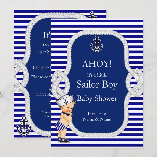 Invitation Baby Shower Marin Garçon Bleu Rayé Blond (Devant / Derrière)