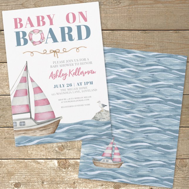 Invitation Baby shower marin rose pour bébé (Sailboat Nautical Baby Shower Invitation)