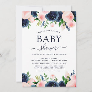 Invitation Baby shower Marine Bleu Bleu Aquarelle rose Floral