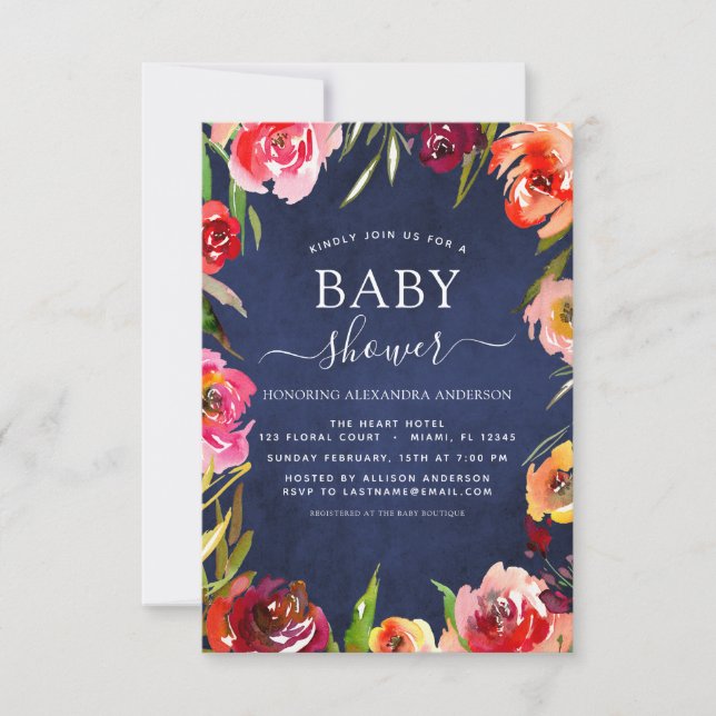 Invitation Baby shower Marine Bleu Floral Elégant Aquarelle (Devant)