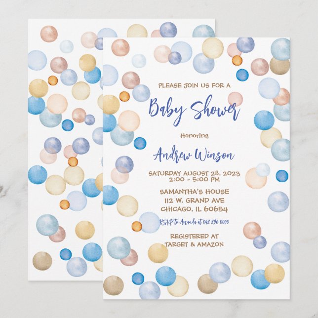 Invitation Baby-Shower Marron et Bleu à pois  (Devant / Derrière)