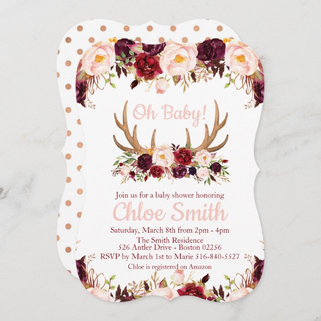 Invitation Baby shower Marsala Floral Antler (Devant / Derrière)