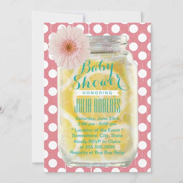 Invitation Baby shower Mason Jar aux Pois roses doux (Devant)