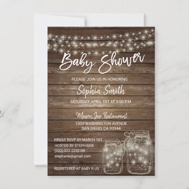 Invitation Baby shower Mason Jar en bois rustique moderne (Devant)