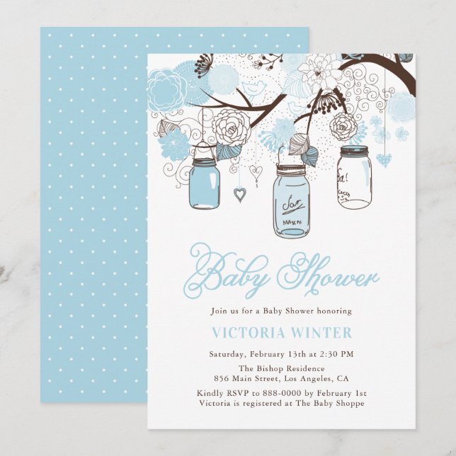Invitation Baby shower Mason Jars à pendage bleu clair (Devant / Derrière)