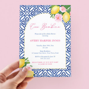Invitation Baby Shower Méditerranéen Fille aux Citrons Roses