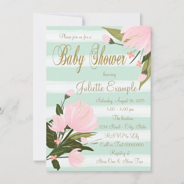 Invitation Baby Shower Menthe et Rayures Roses (Devant)