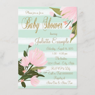 Invitation Baby Shower Menthe et Rayures Roses