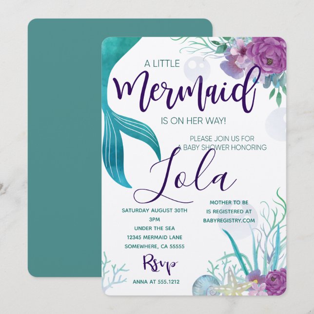 INVITATION BABY SHOWER MERMAID (Devant / Derrière)