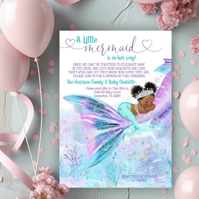 Invitation Baby Shower Mermaid Afro par courrier (Adorable mermaid long distance mail baby shower invitation. )