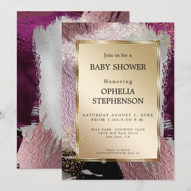 Invitation Baby shower | Métallic Gold Cassis Plum Abstrait (Devant / Derrière)