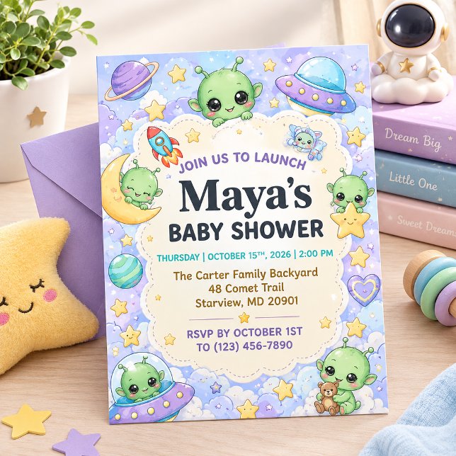 Invitation Baby Shower Mignon Alienable de l'Espace (Cute Space Alien Baby Shower Invitation ✨ Personalized 5x7 design with adorable aliens, stars, plane)