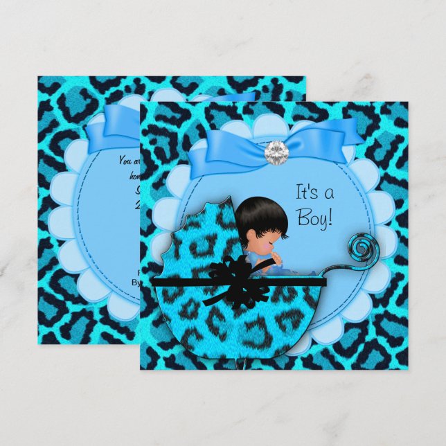Invitation Baby Shower Mignon Bébé Garçon Bleu Léopard Pousse (Devant / Derrière)