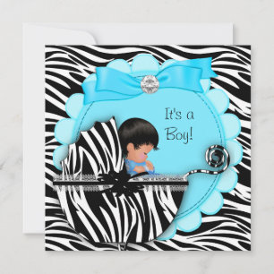 Invitation Baby Shower Mignon Bébé Garçon Bleu Zèbre Landaus