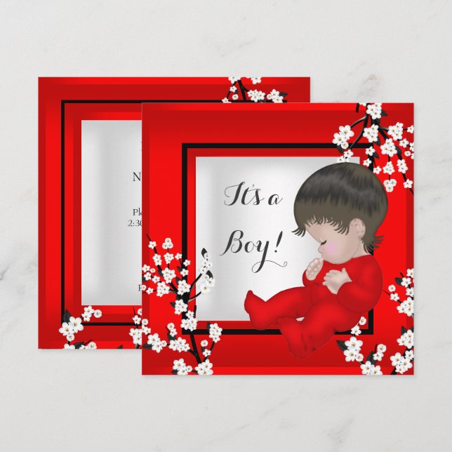 Invitation Baby Shower Mignon Bébé Garçon Fleur Rouge C (Devant / Derrière)