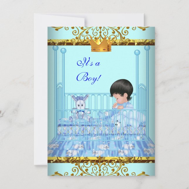 Invitation Baby shower mignon Bleu Gold Boy Prince Crown 4 (Devant)