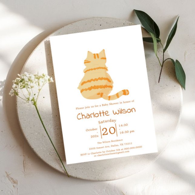Invitation Baby Shower Mignon Chat Orange Rond (Créateur téléchargé)