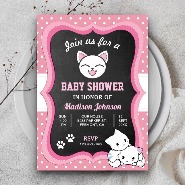 Invitation Baby Shower Mignon Chat Rose (Créateur téléchargé)