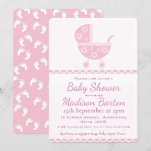 Invitation Baby shower mignon de fille de landau rose