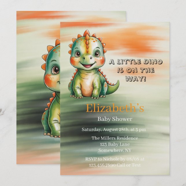 Invitation Baby-Shower Mignon Dinosaure Aquarelle (Devant / Derrière)