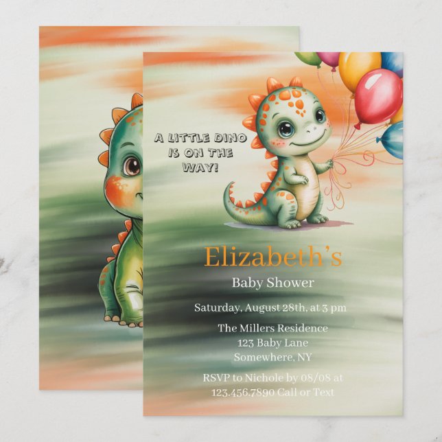 Invitation Baby-Shower Mignon Dinosaure Aquarelle (Devant / Derrière)