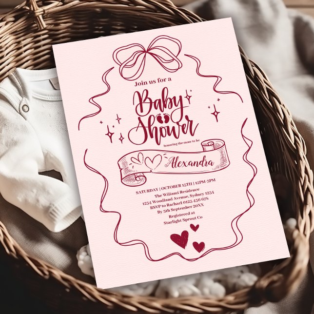 Invitation Baby shower mignon Doodle Main Draw Bow (Créateur téléchargé)