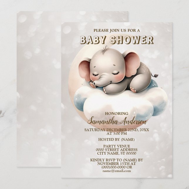 Invitation Baby Shower Mignon Éléphant Bébé Endormi Beau (Devant / Derrière)