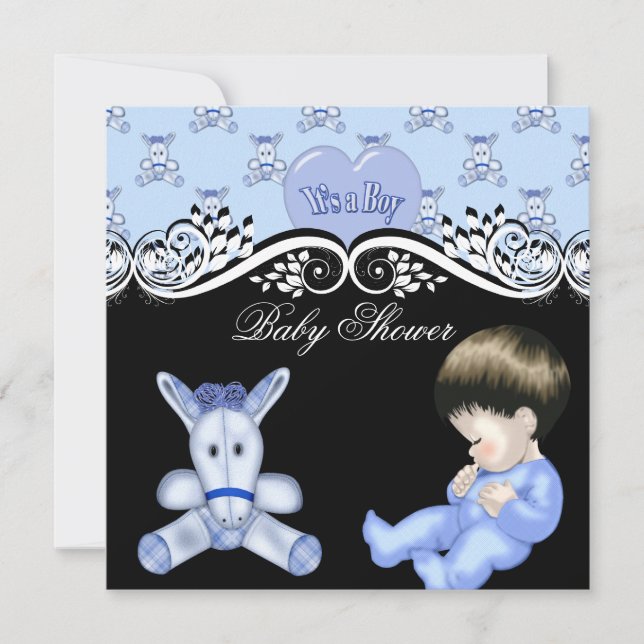 Invitation Baby shower mignon garçon Bébé Bleu noir blanc (Devant)