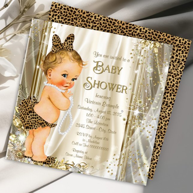 Invitation Baby Shower Mignon Glamour Léopard Fille Bébé Fill (Cute leopard baby girl shower invitation. Instant download and printed invitations available.)
