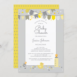 Invitation Baby shower mignon gris jaune moderne drapeaux