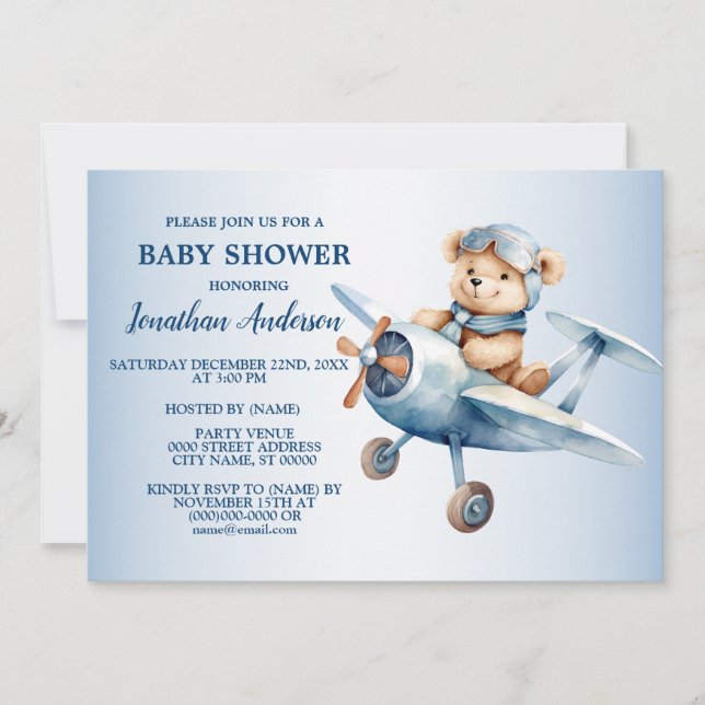 Invitation Baby shower mignon Happy Blue Oear Pilote belle (Devant)