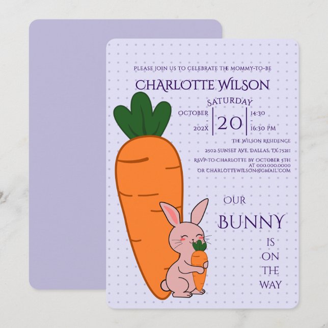 Invitation Baby Shower Mignon Lapin & Carotte (Devant / Derrière)