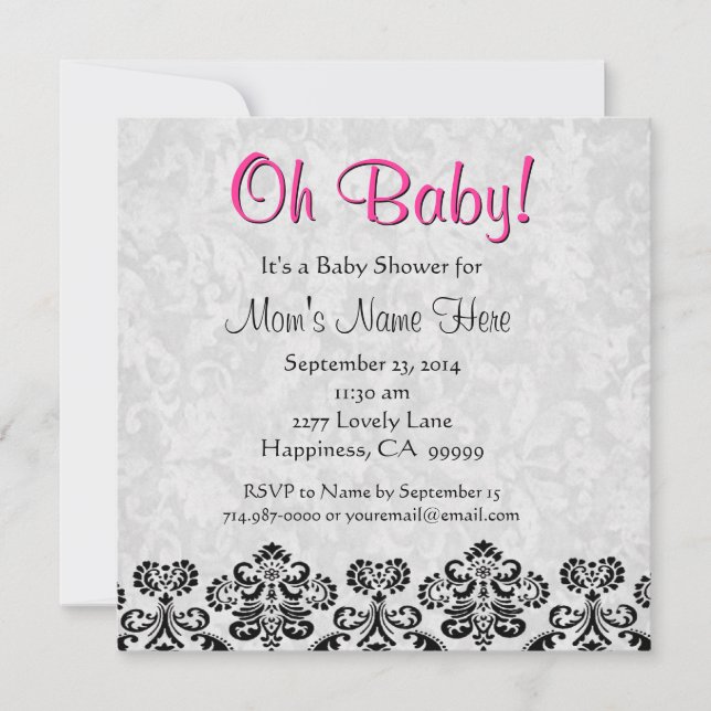 Invitation Baby shower mignon noir blanc rose du coeur Damas (Devant)