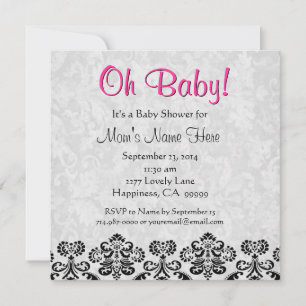 Invitation Baby shower mignon noir blanc rose du coeur Damas