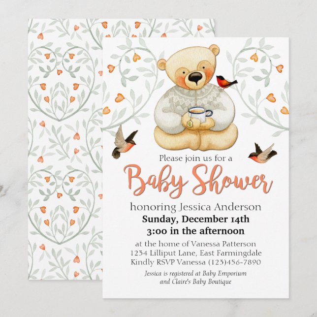 Invitation Baby shower mignon Ours en peluche et Coeurs (Devant / Derrière)