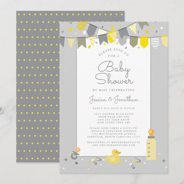 Invitation Baby shower mignon Par Mail Gris Jaune Moderne (Devant / Derrière)