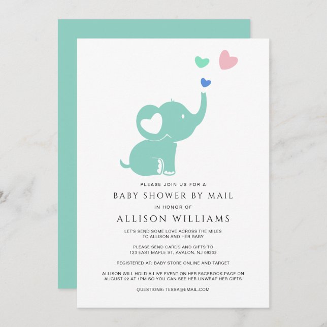 Invitation Baby shower mignon Par Mail Mint Green Elephant He (Devant / Derrière)