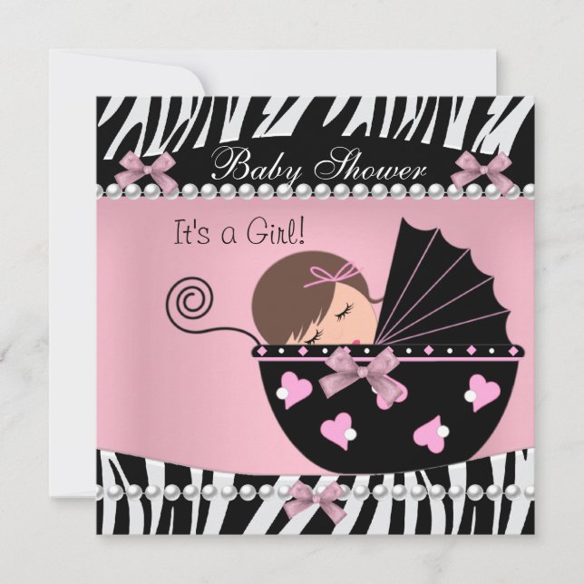 Invitation Baby Shower Mignonne Bébé Fille Impression Zèbre R (Devant)