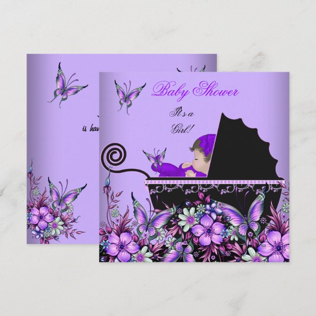 Invitation Baby Shower Mignonne Bébé Fille Papillon Violet 2 (Devant / Derrière)