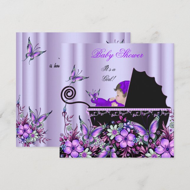 Invitation Baby Shower Mignonne Bébé Fille Papillon Violet 3 (Devant / Derrière)