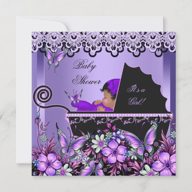 Invitation Baby Shower Mignonne Bébé Fille Papillon Violet 3a (Devant)