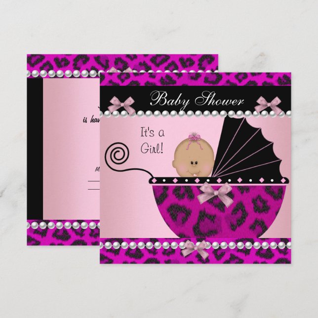 Invitation Baby Shower Mignonne Bébé Fille Rose Chaud Léopard (Devant / Derrière)