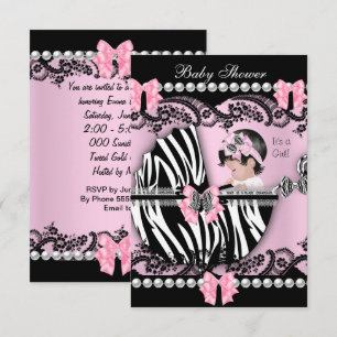 Invitation Baby Shower Mignonne Bébé Fille Rose Zèbre Dentell