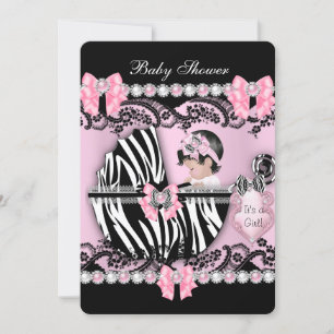 Invitation Baby Shower Mignonne Bébé Fille Rose Zèbre Perles